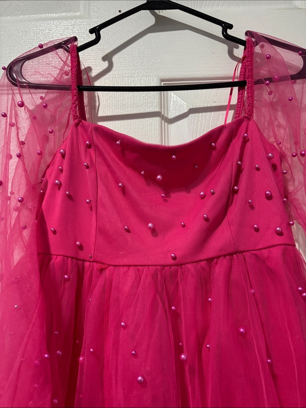 Hot Pink Tulle Party Dress with Pearl Dot Accents - Picture 4 of 6
